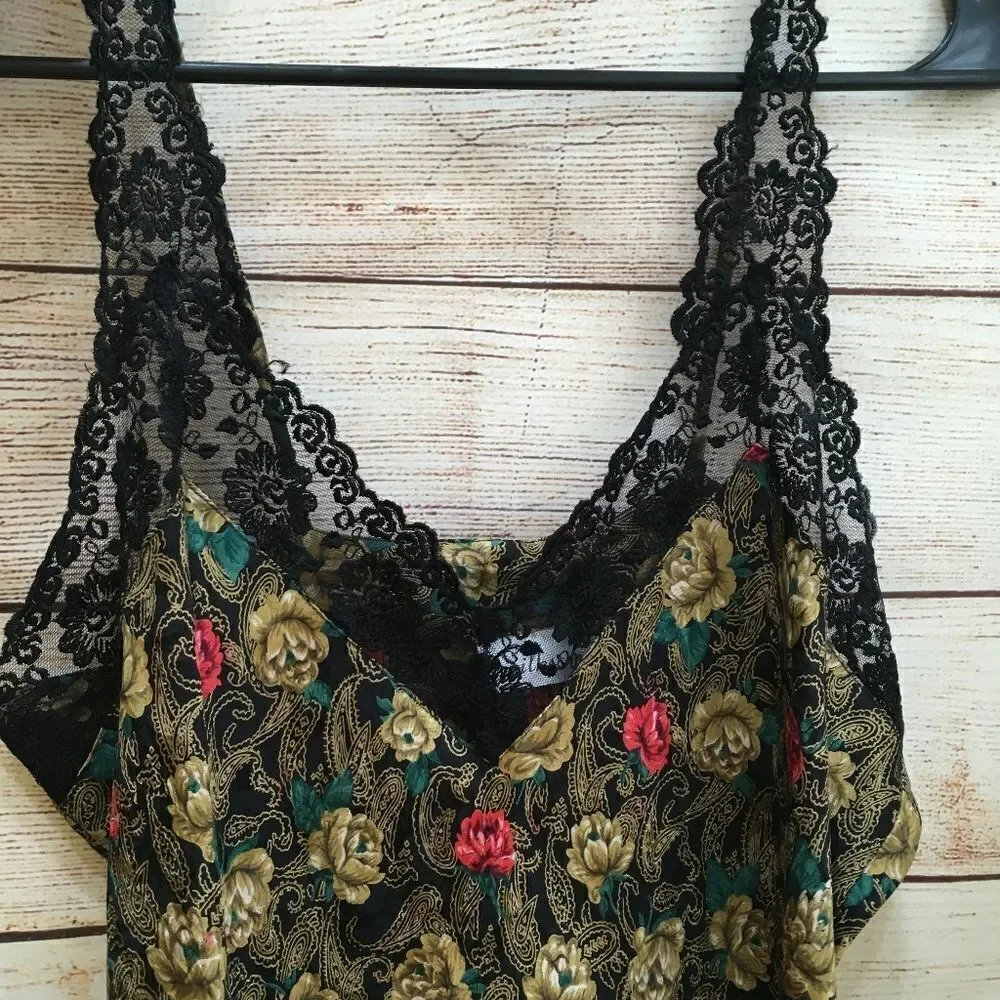 VINTAGE SILKSCREEN 100% SILK CHEMISE WITH PANTIES IN BLACK FLORAL‎ - Picture 6 of 11